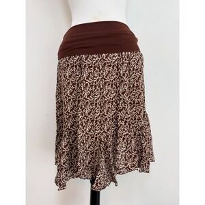 Y2K Boho Foldover Waist Mini Skirt Brown Flowy Handkerchief Hem Indie XS S